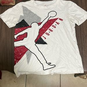 Red, black, white and gray Air Jordan shirt with splattered paint design